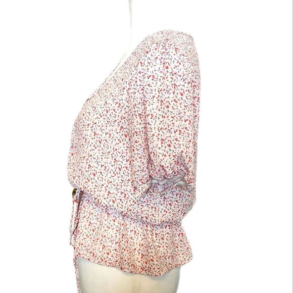 Sienna Sky Puff Sleeve White, Pink, Red Floral Peplum Cropped Blouse, S - Picture 2 of 7